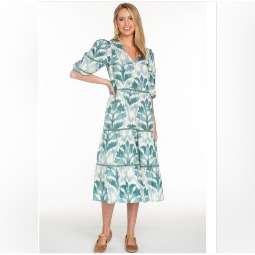 Olivia James The Label Georgia Dress Damask Pine Puff Sleeve Tiered Midi Small
